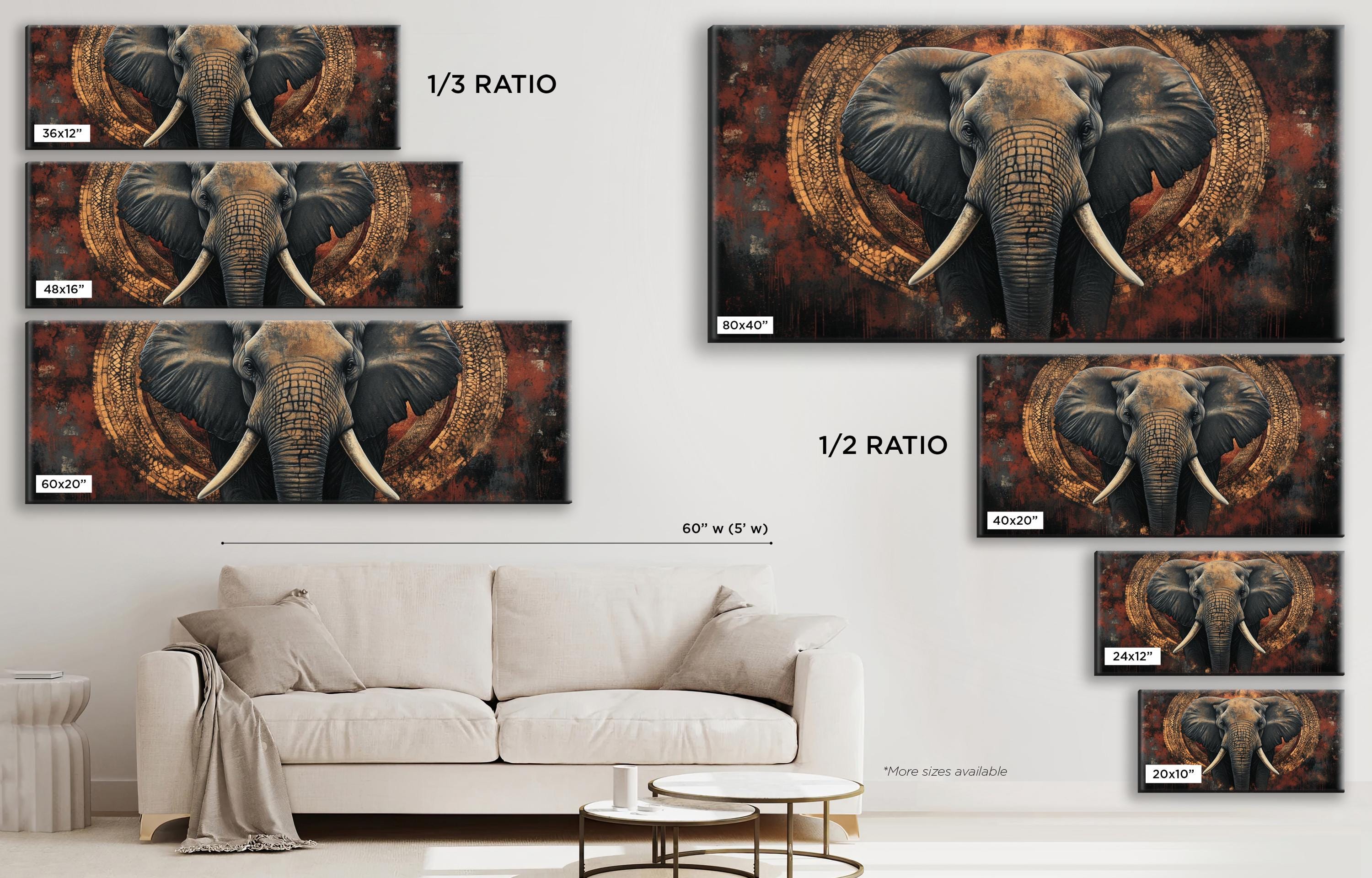 a living room with a couch and a wall mounted picture of an elephant