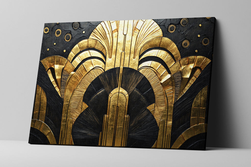 a black and gold painting on a white wall