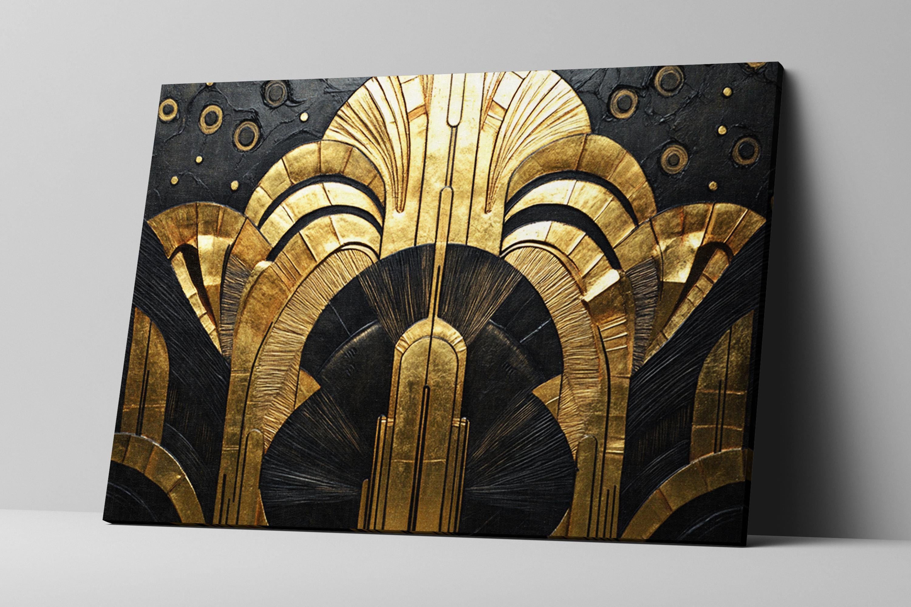 a black and gold painting on a white wall