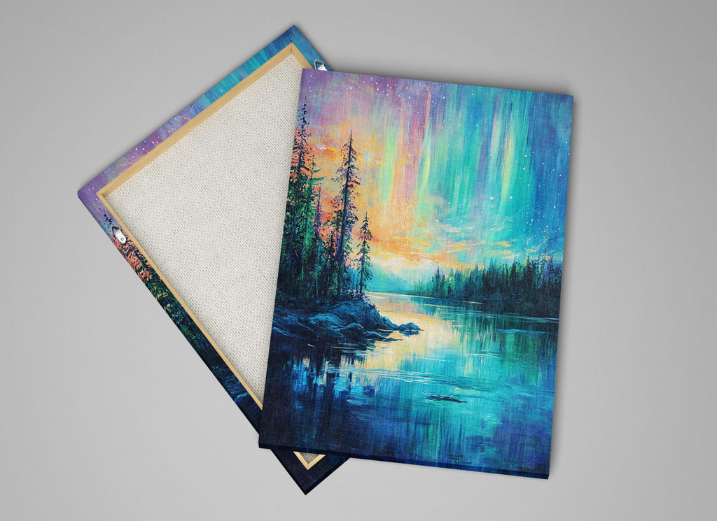 a picture of a painting of a lake and trees