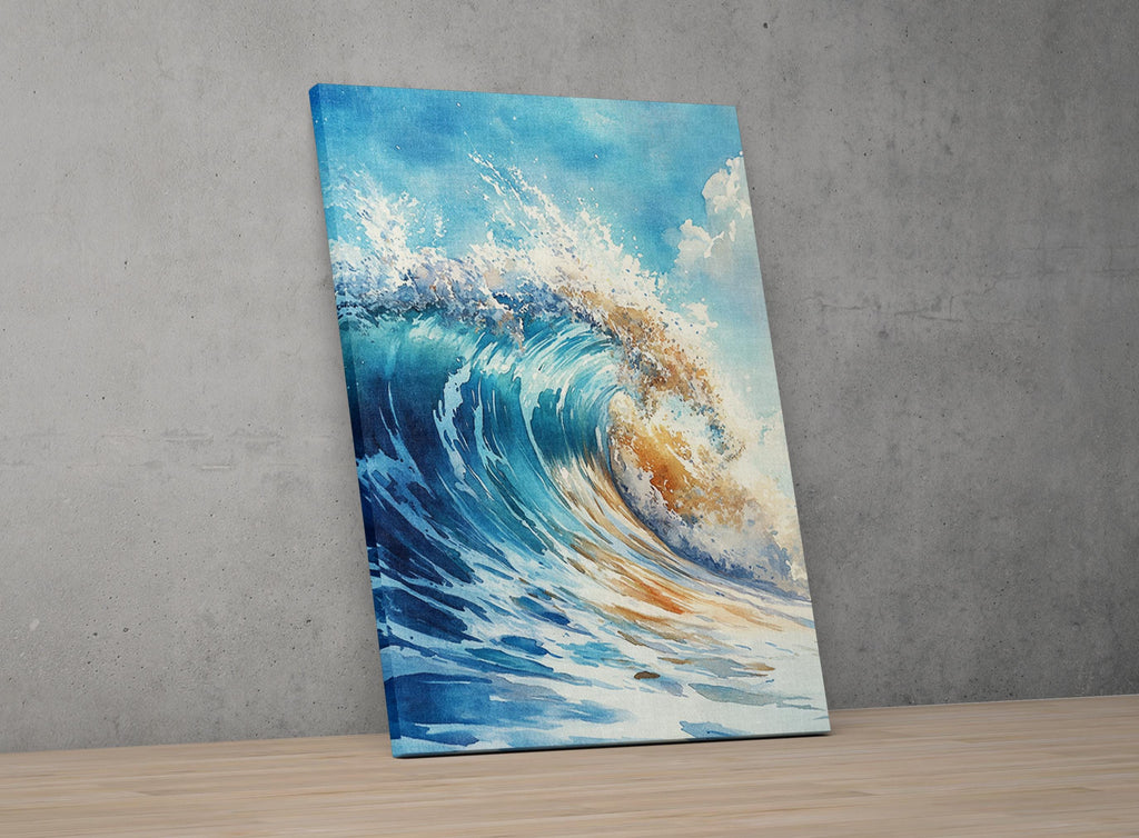 a large, powerful wave crashing against a rocky shore, with the water in shades of blue and white and the sky above filled with clouds.