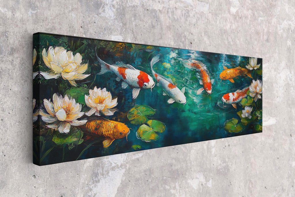 a painting of koi fish swimming in a pond
