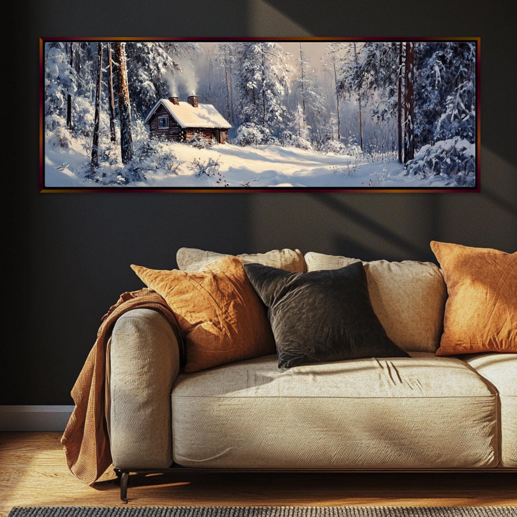 a living room with a couch and a painting on the wall