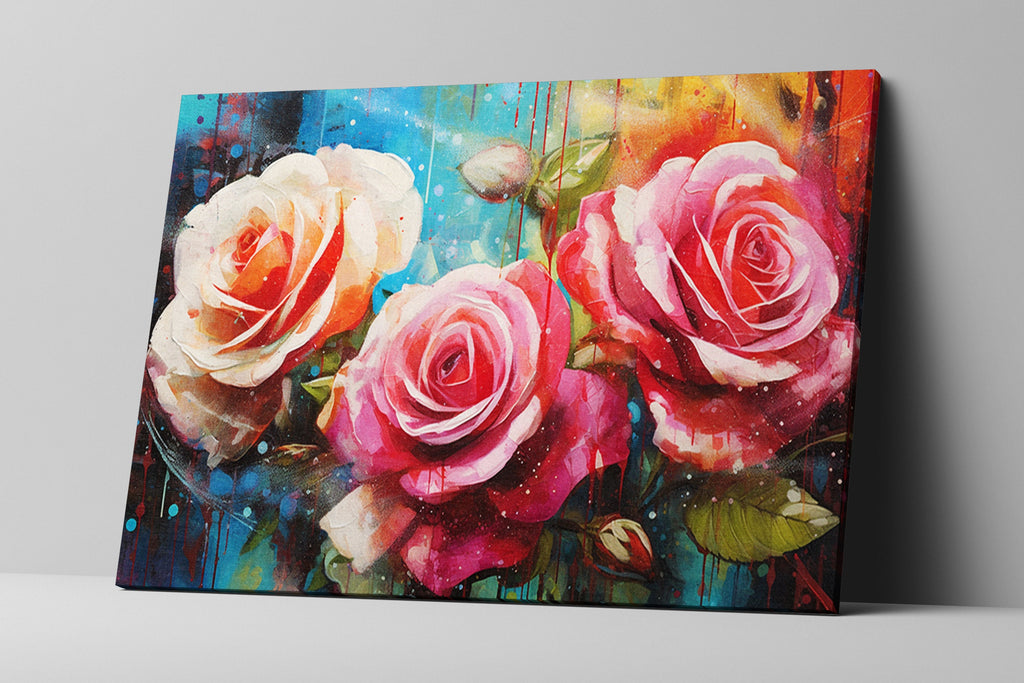 Pink and White Roses Canvas | Large Floral Wall Decor with Vibrant Alcohol Ink Style