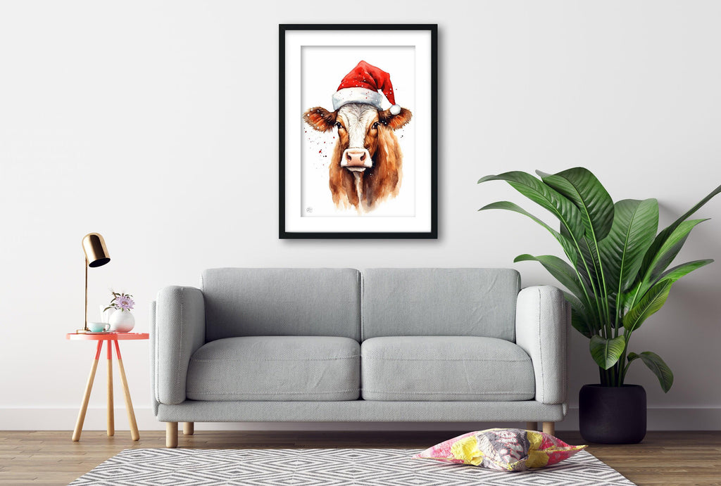 Christmas Cow Watercolor Holiday Wall Art, Giclee Print on Canvas, Artist Paper, Watercolor Paper, Available in Extra Large Sizes