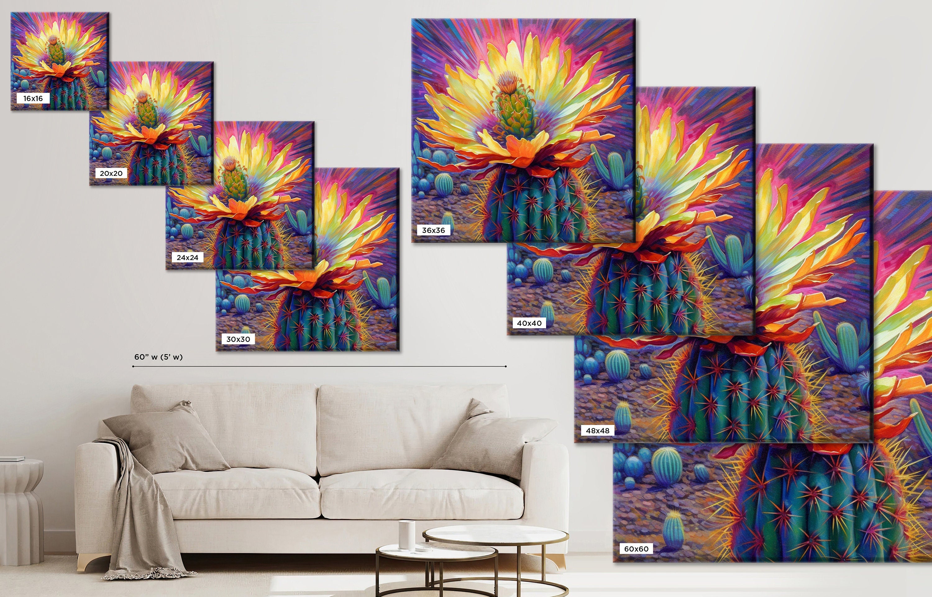 Saguaro Bloom Canvas – Vibrant Desert Cactus Art | Large Colorful Wall Print
