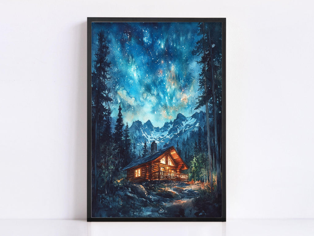 A cozy cabin nestled in a snowy mountain landscape, with a starry night sky overhead.