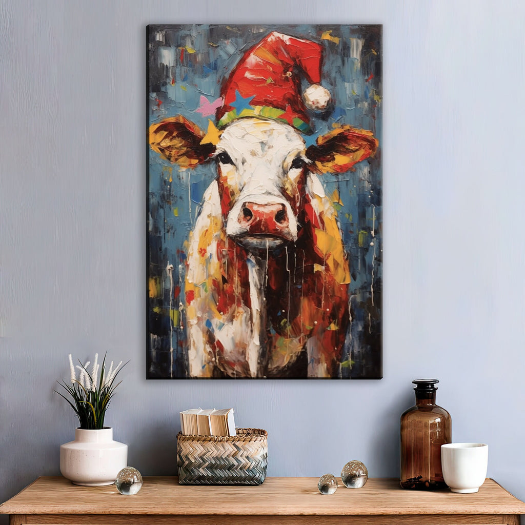 Festive Cow Canvas - Whimsical Christmas Wall Art | Holiday Farm Art Print