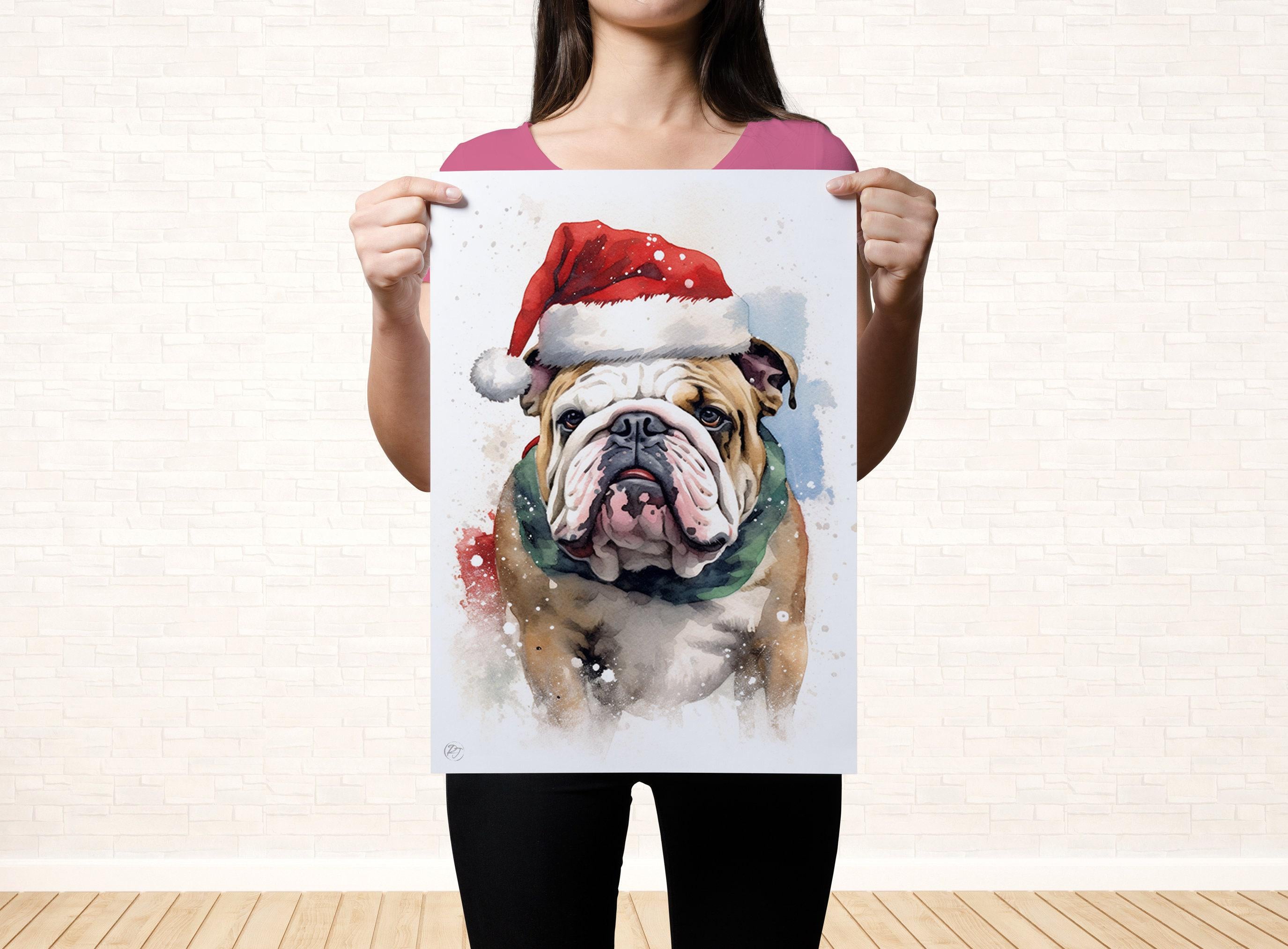 Festive English Bulldog in Santa Hat Watercolor Art, Giclee Print on Canvas, Artist Paper, Watercolor Paper, Available in Extra Large Sizes