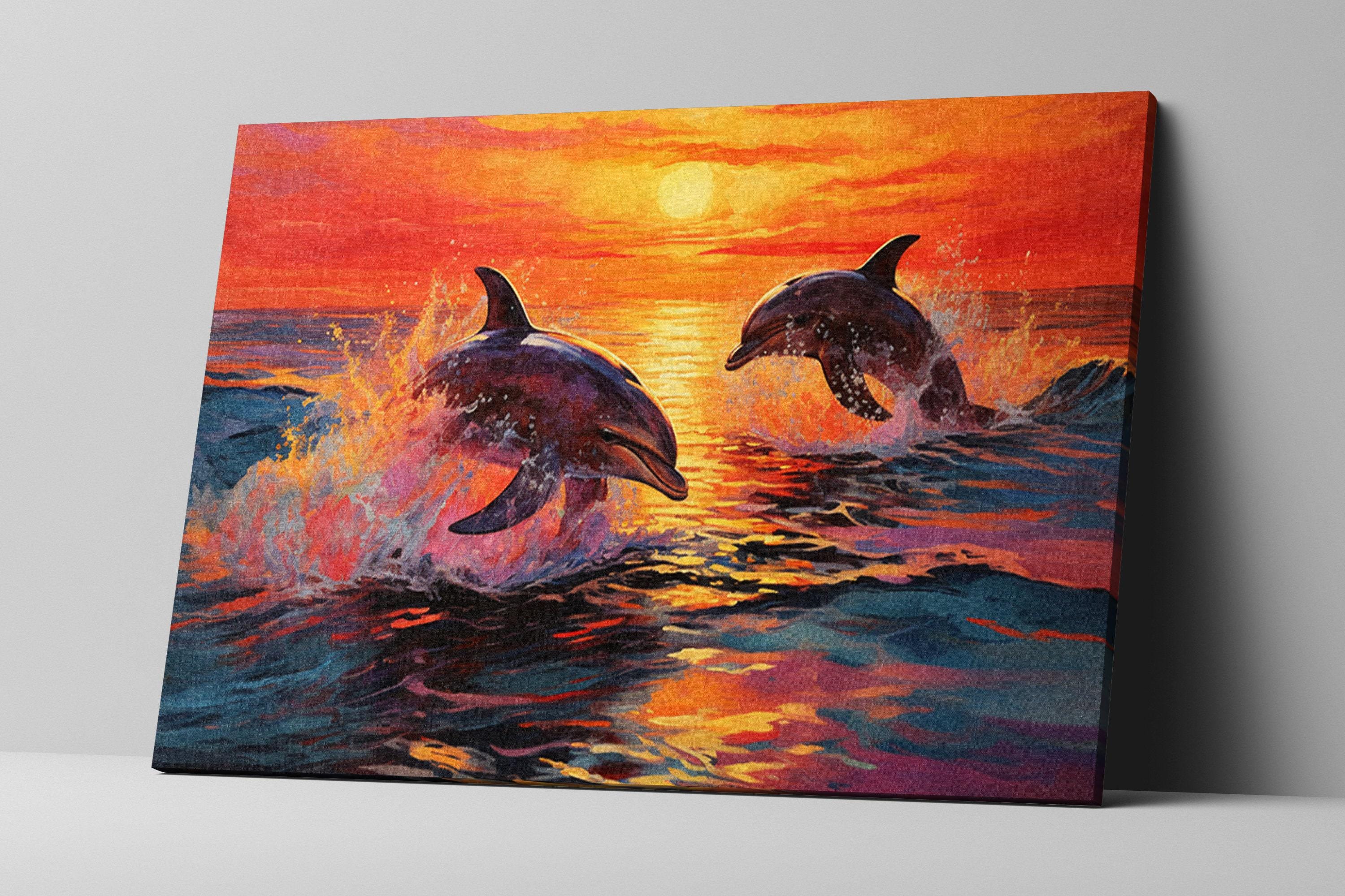 Dolphin Canvas Art – Tropical Dolphin Painting on UV Coated Large Canvas Wall Decor