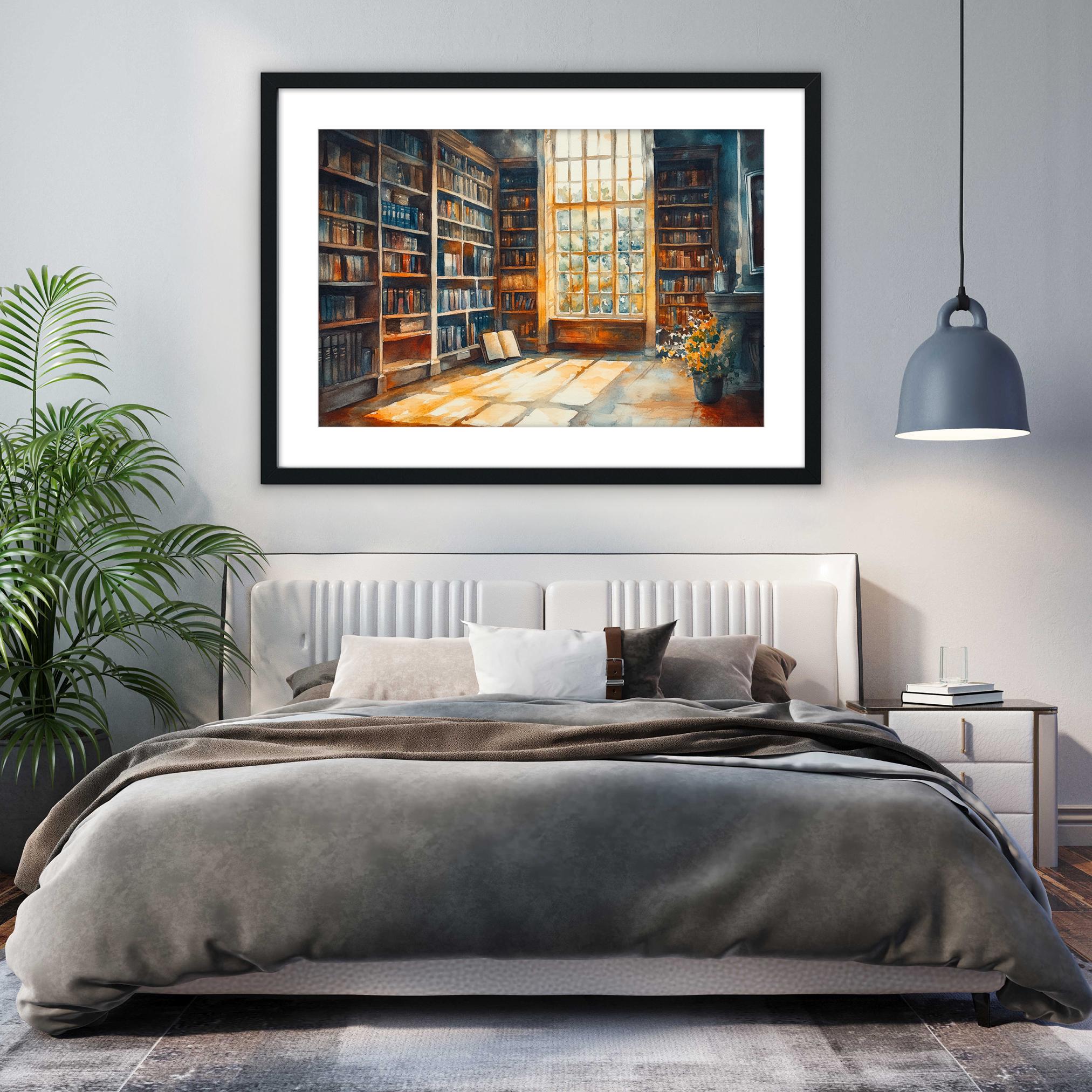 a cozy bedroom with a large bed, a bookshelf filled with books, and a potted plant. The room has a modern and minimalist design, with a gray and white color scheme.