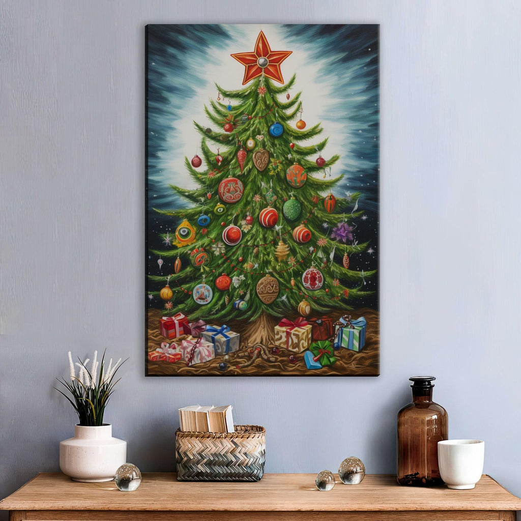 Christmas Tree Illustration - Whimsical Holiday Art on Gallery Wrapped Canvas, Extra Large