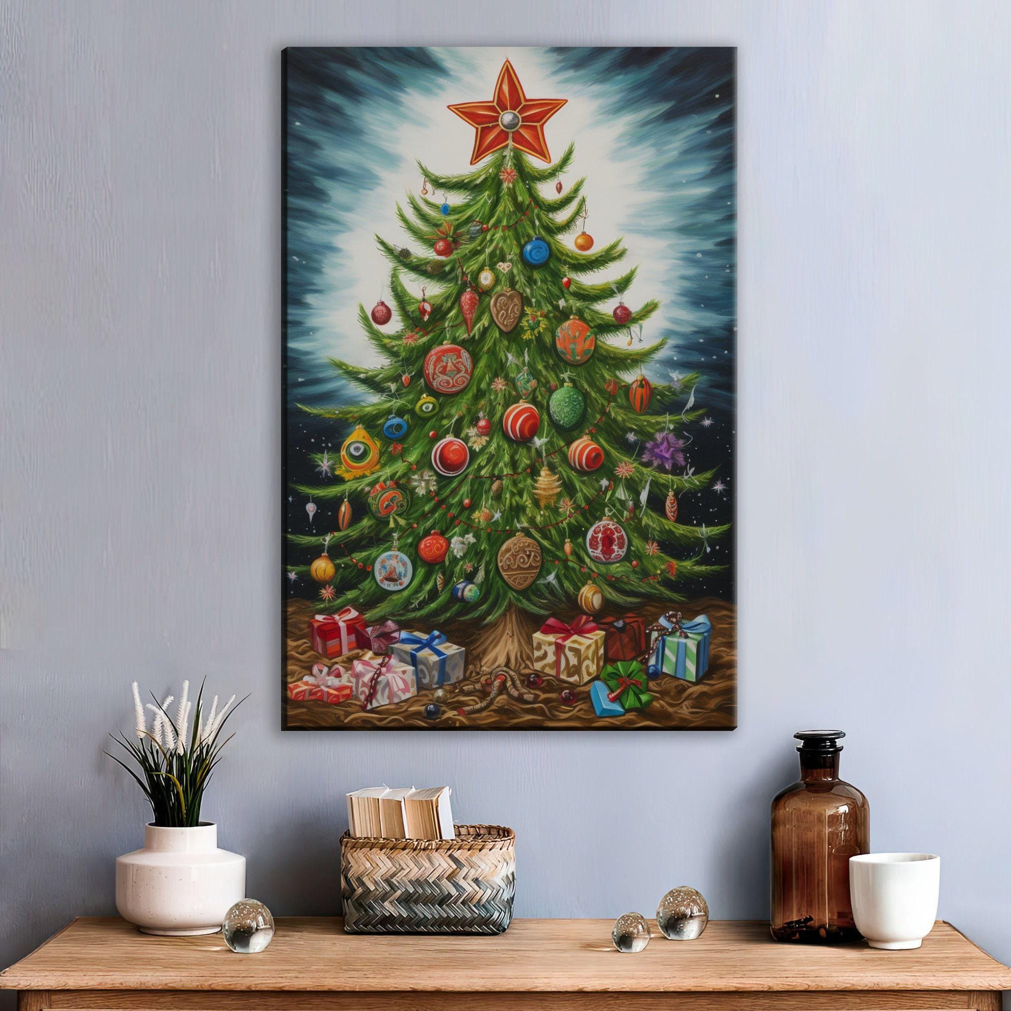 Christmas Tree Illustration - Whimsical Holiday Art on Gallery Wrapped Canvas, Extra Large