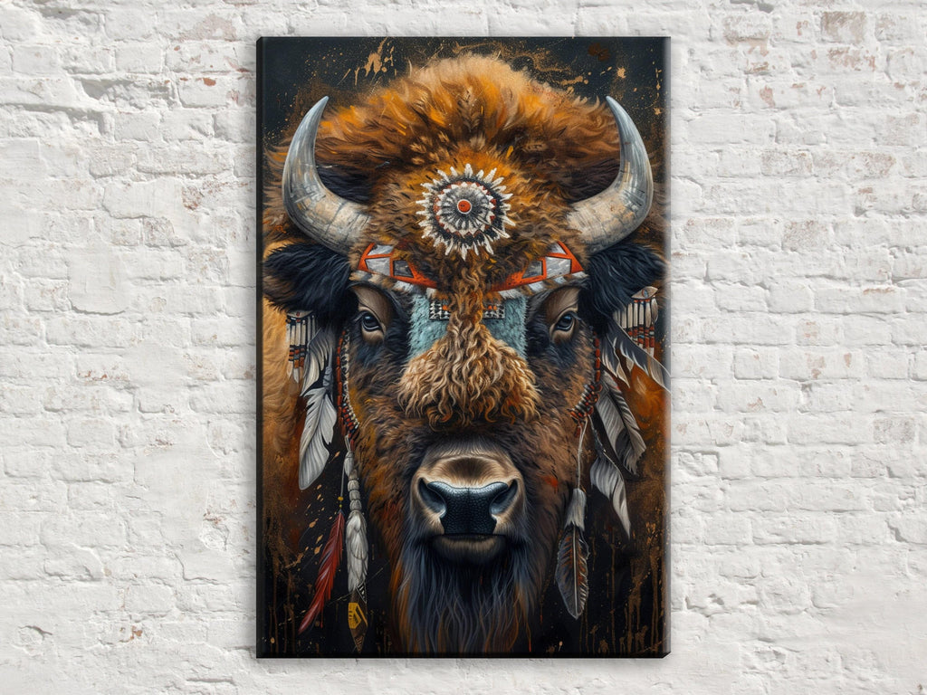 The image is a painting of a buffalo with large, curved horns and a decorative headdress, set against a white brick wall.