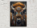 The image is a painting of a buffalo with large, curved horns and a decorative headdress, set against a white brick wall.