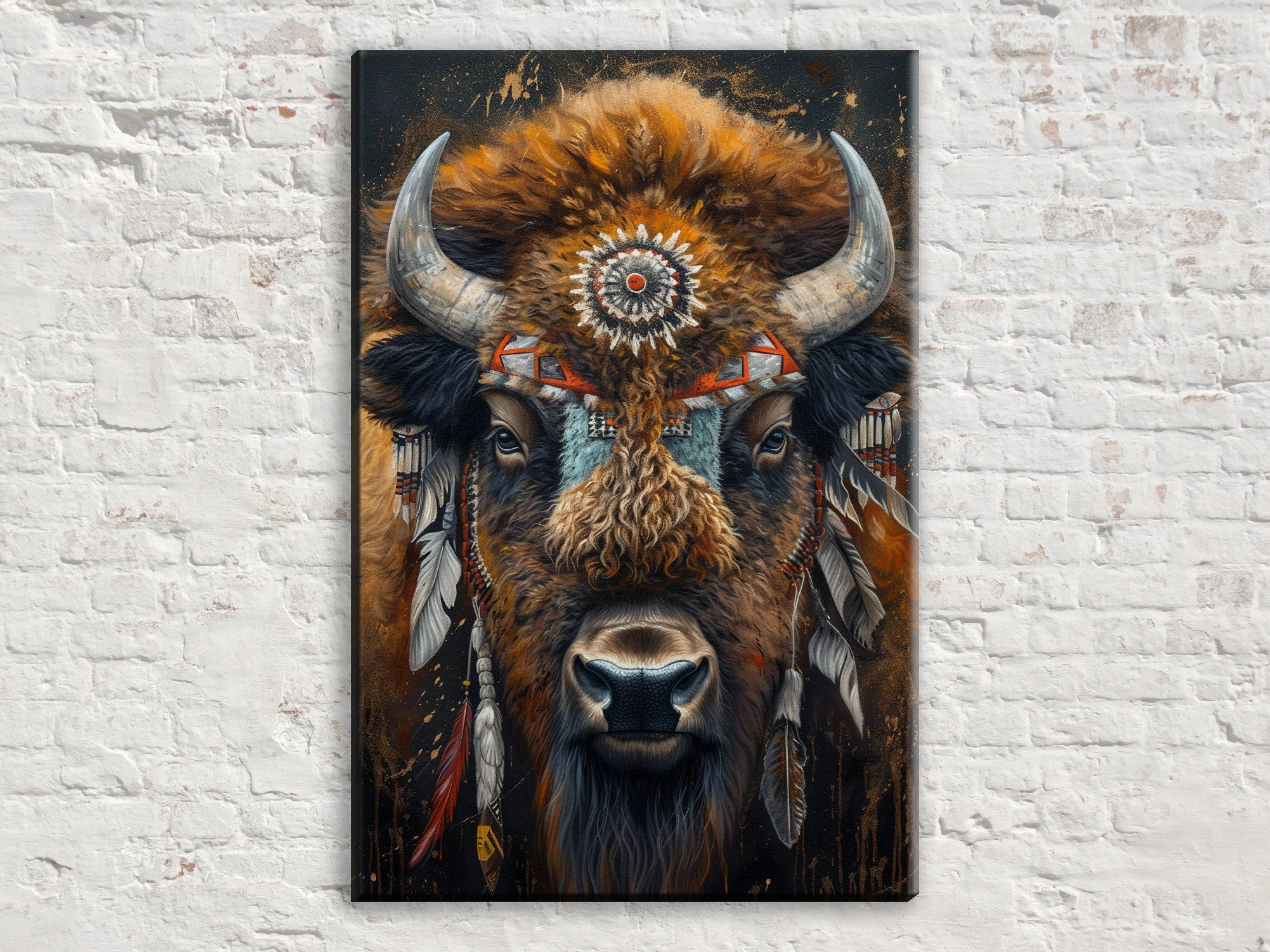 The image is a painting of a buffalo with large, curved horns and a decorative headdress, set against a white brick wall.