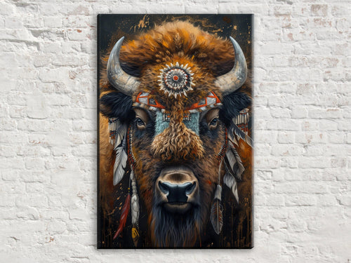 The image is a painting of a buffalo with large, curved horns and a decorative headdress, set against a white brick wall.