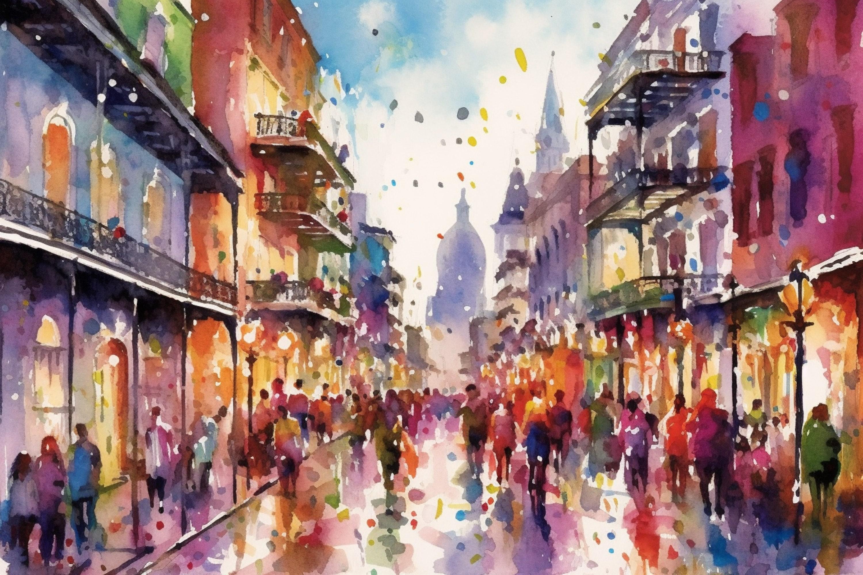 Colorful Mardi Gras Party Scene Watercolor – Bourbon Street, Print on Canvas, Artist Paper, Watercolor Paper, Available in Extra Large Sizes