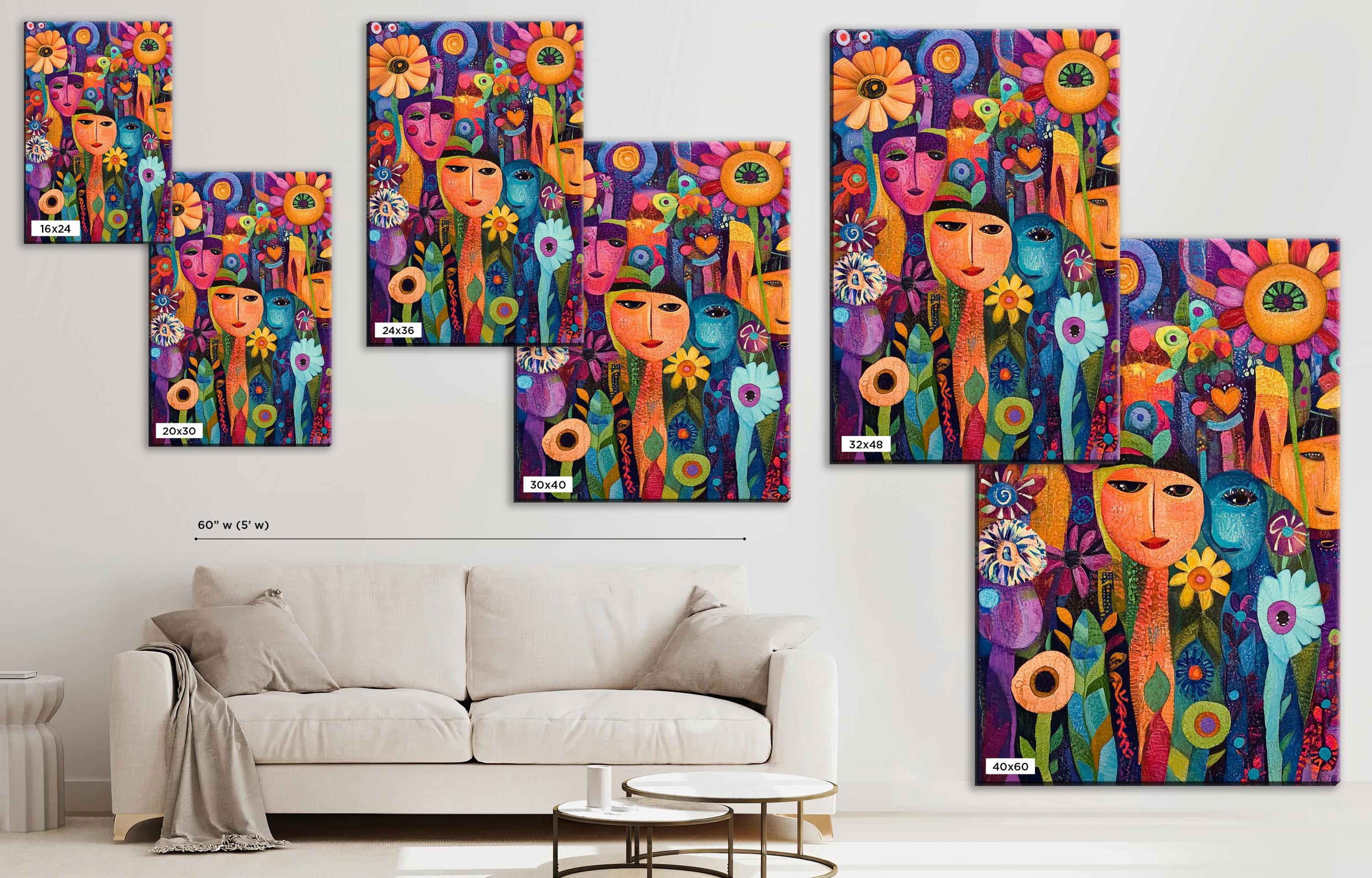 a living room with a couch and paintings on the wall