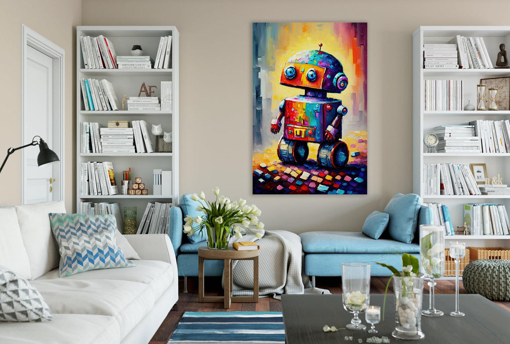 Kids Robot Wall Art - Colorful Robot Art Print on Lightweight Stretched Canvas