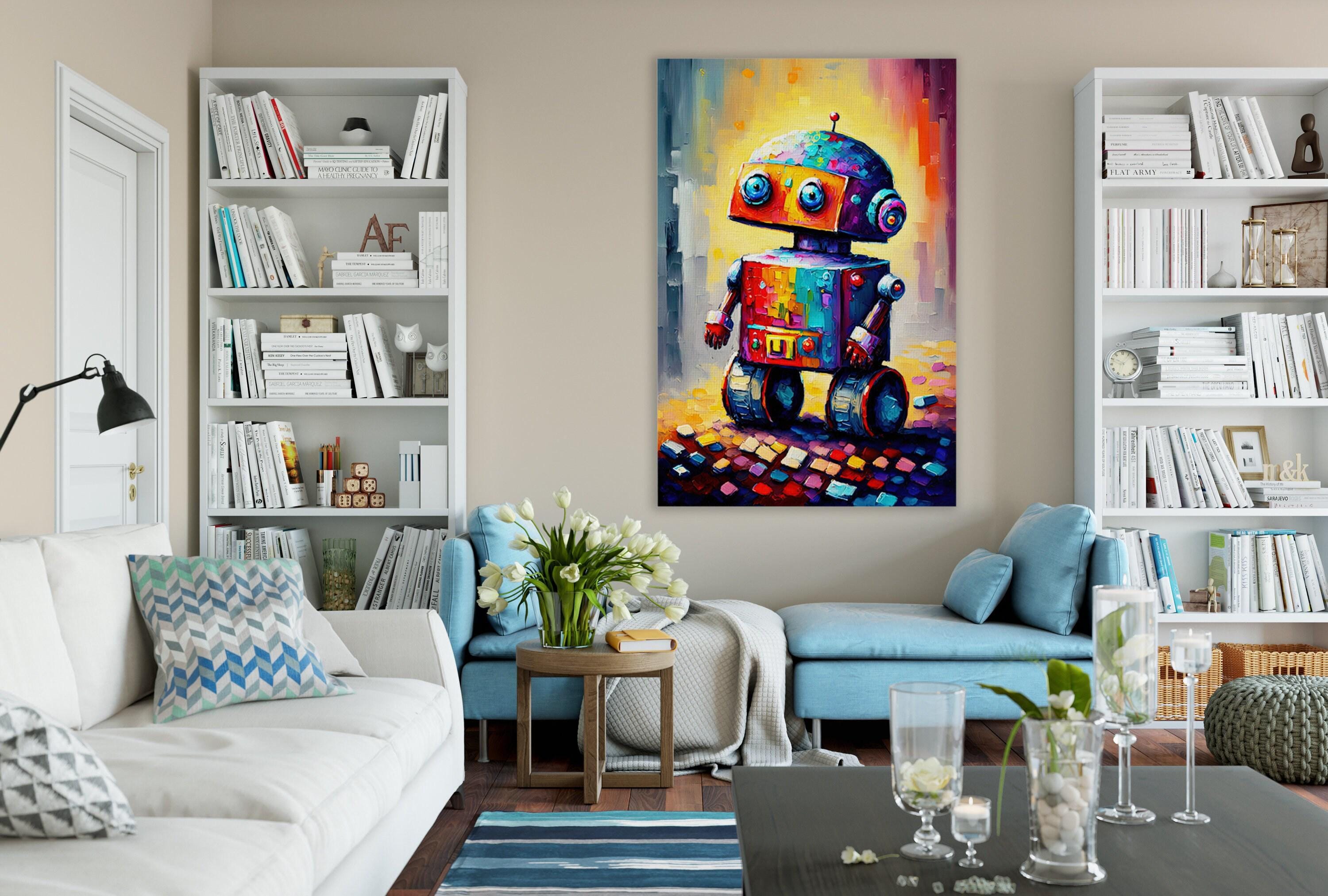 Kids Robot Wall Art - Colorful Robot Art Print on Lightweight Stretched Canvas