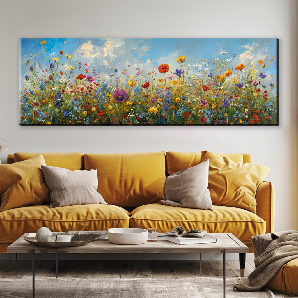Panoramic Wildflower Wall Art – Framed Canvas Print | Extra Large Botanical Wall Decor