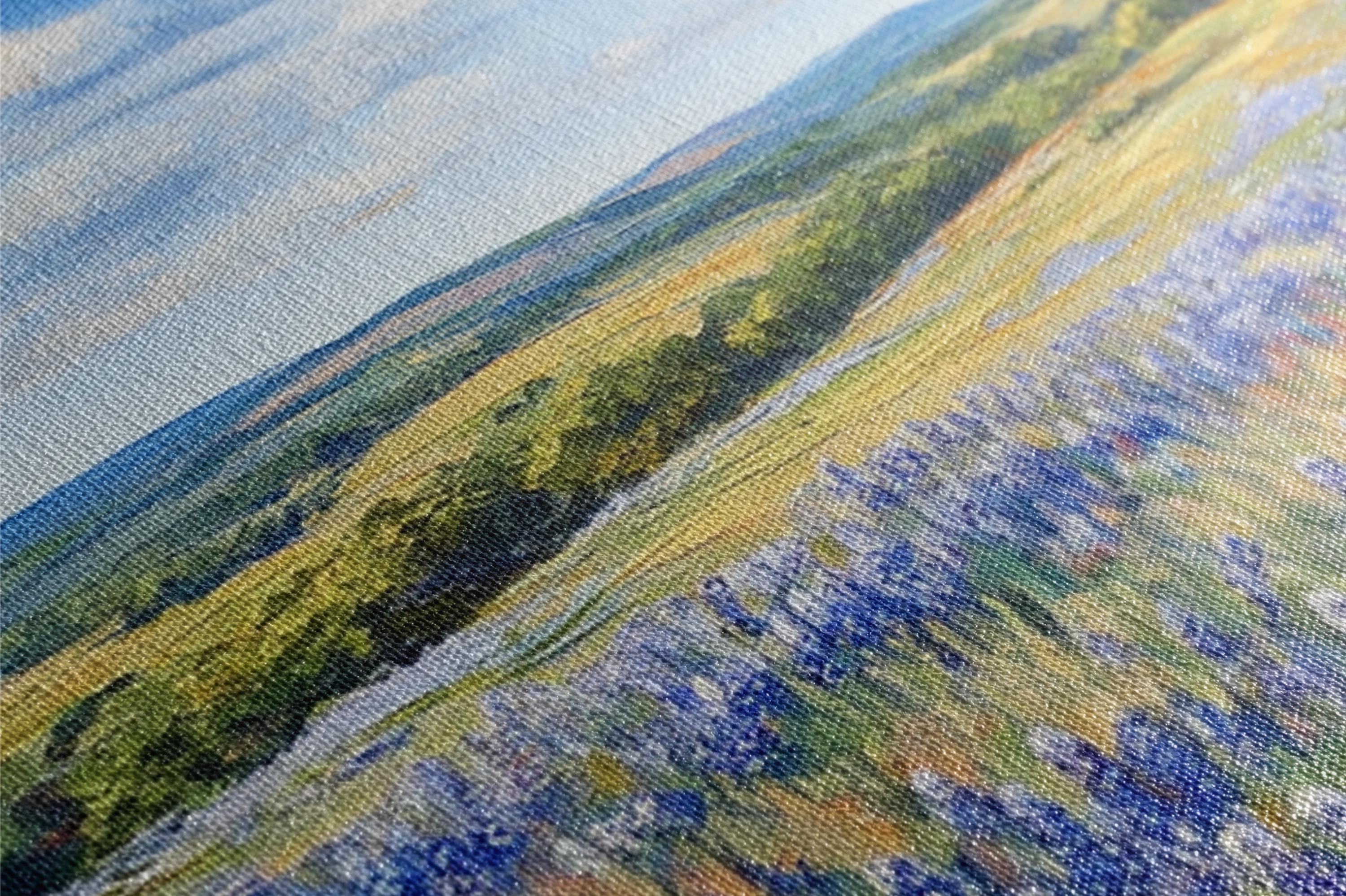 a painting of a field with blue flowers