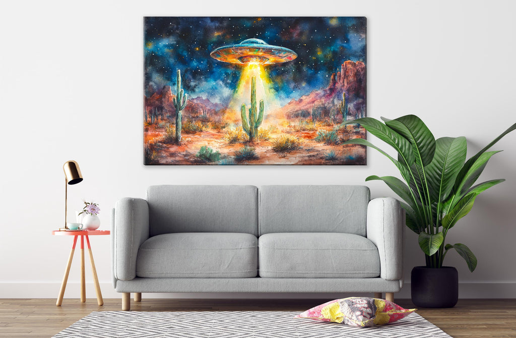 a large painting of a desert landscape with a spaceship hovering above it, surrounded by cacti and a starry night sky.