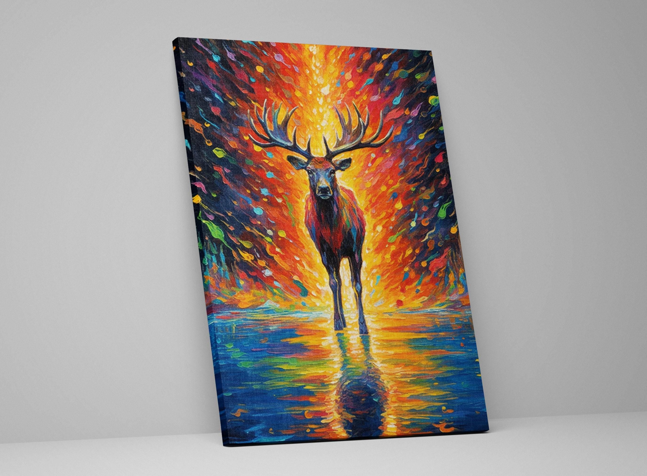 Colorful Reindeer Painting - Large Giclee Canvas Print | Holiday Wall Art