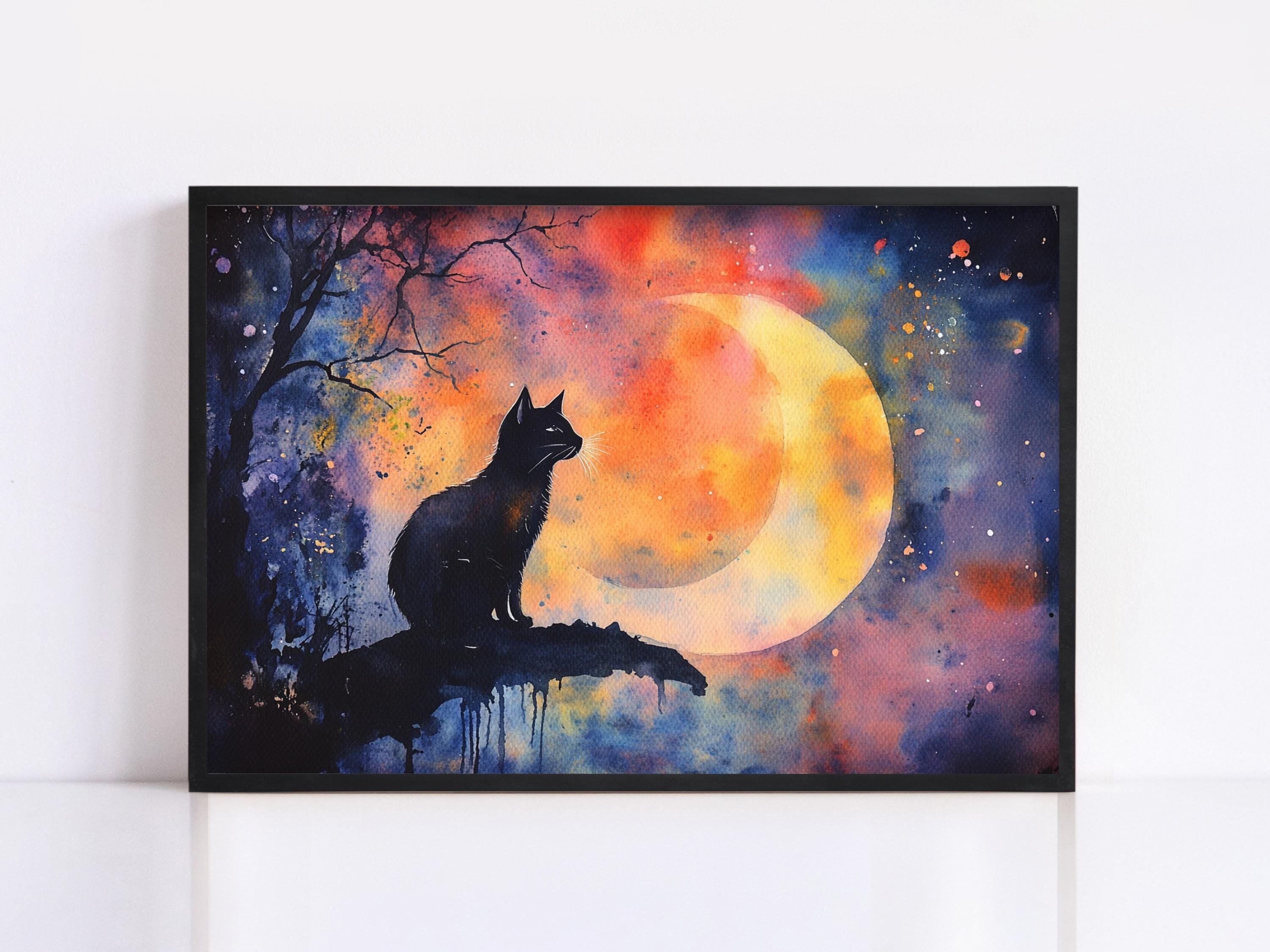A black cat is sitting on a branch, gazing up at a large crescent moon in a colorful, abstract night sky.