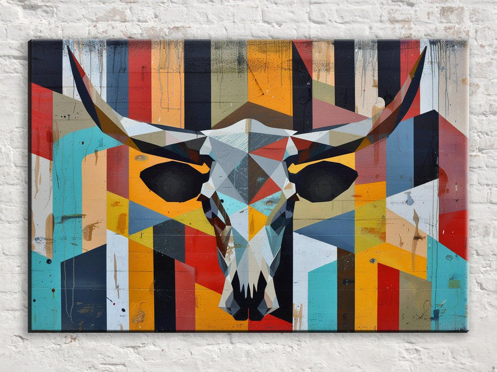 Retro Cow Skull Art - Large Canvas Wall Decor | Mid Century Modern Southwest Style