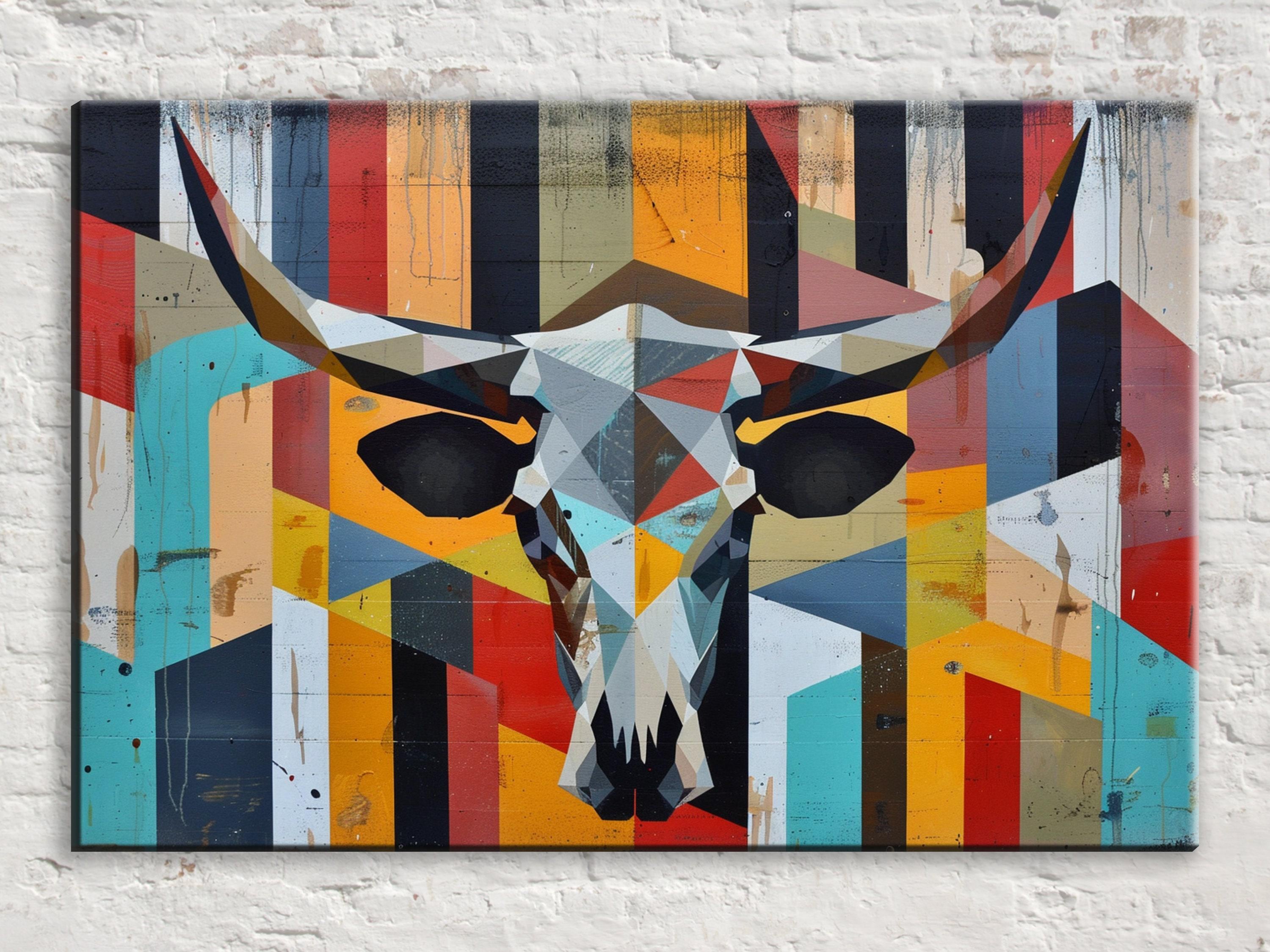 Retro Cow Skull Art - Large Canvas Wall Decor | Mid Century Modern Southwest Style