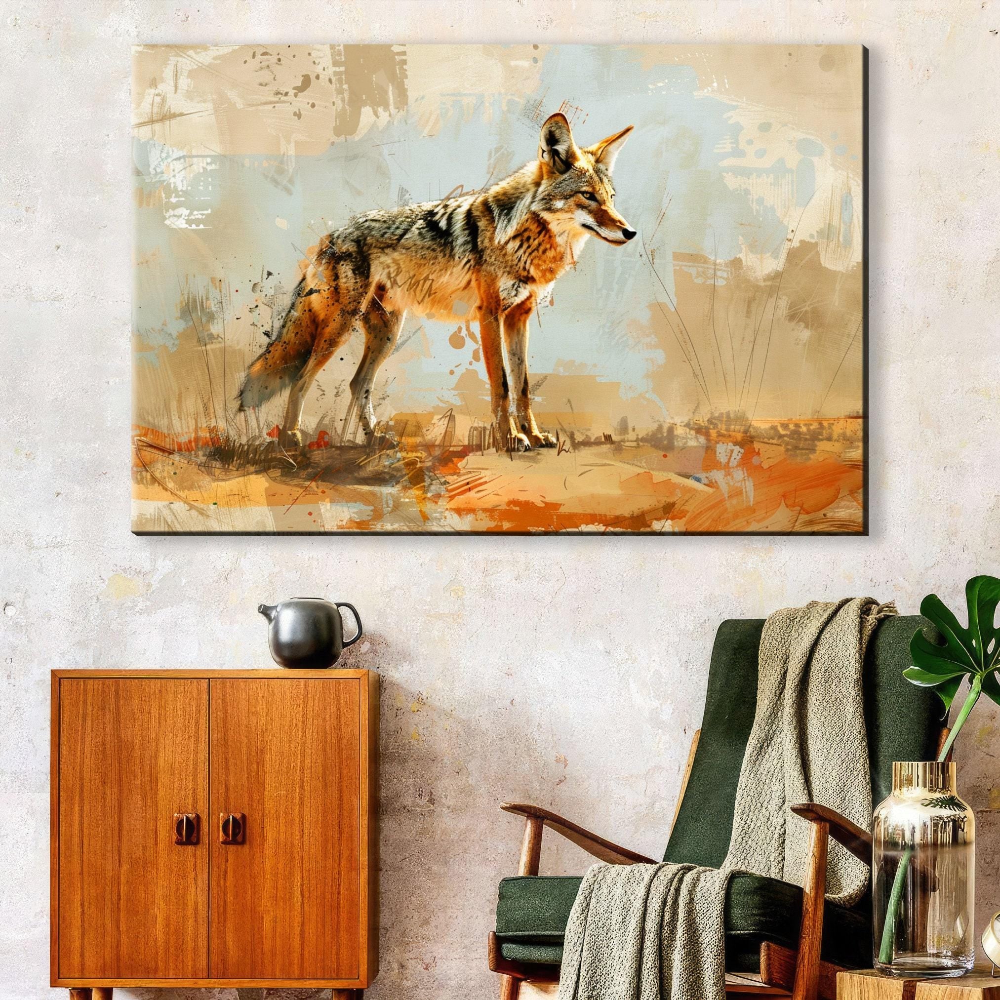 Texas Ranch Wall Art – Minimalist Coyote Print on Extra Large Gallery-Wrapped Canvas