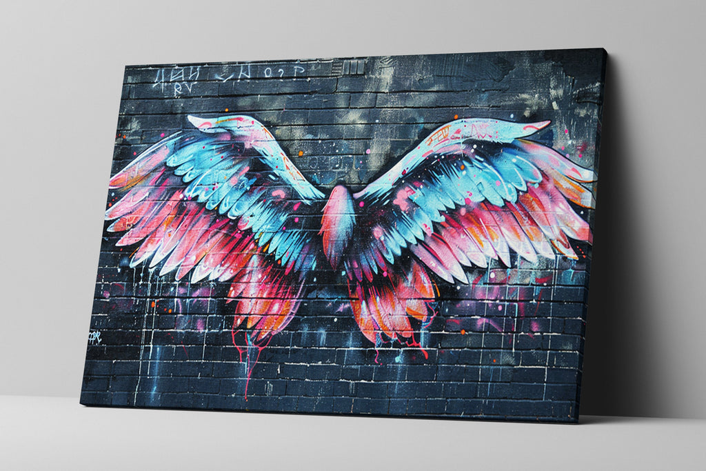 Graffiti Angel Wings Art – Vibrant Urban Street Canvas Wall Art, Ready to Hang