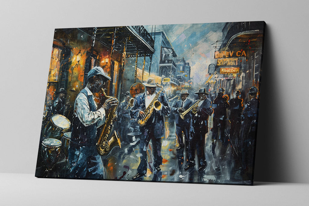 The image is a painting depicting a lively street scene with a group of musicians playing various instruments, including saxophones, drums, and other brass and wind instruments.