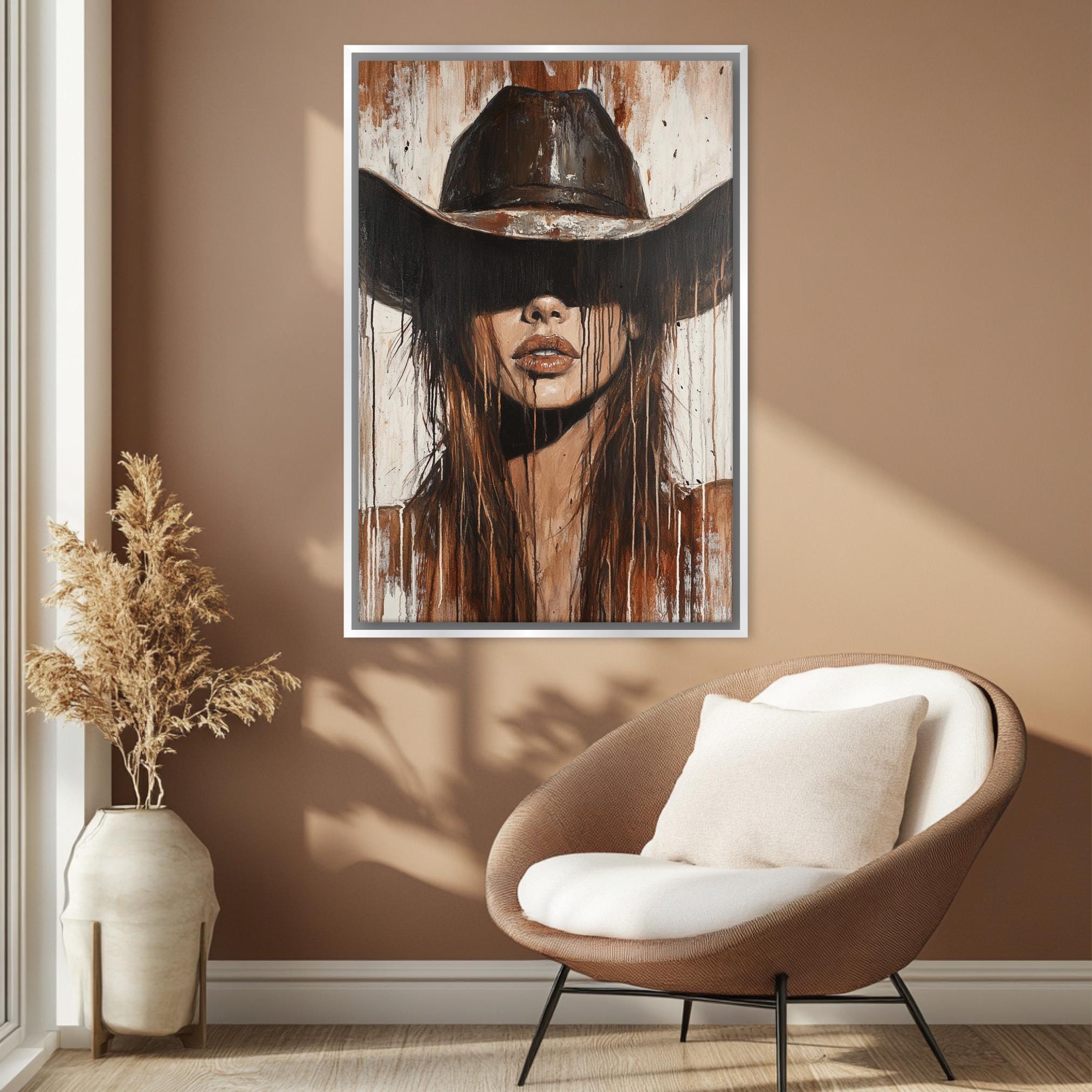 a painting of a woman wearing a cowboy hat