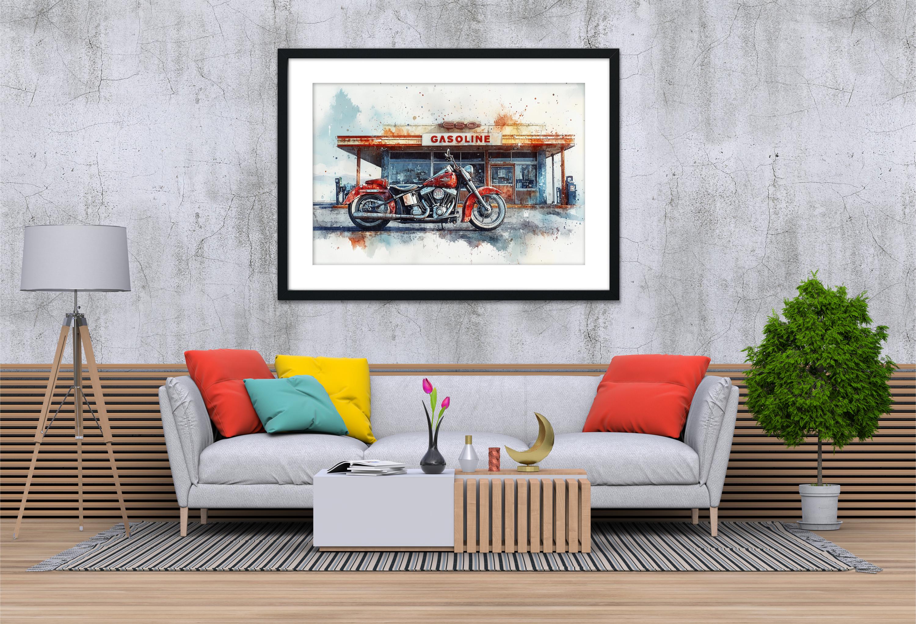 a living room with a gray sofa, a coffee table, and a framed painting of a motorcycle at a gas station.