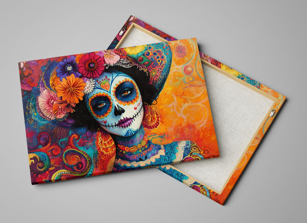 Day of the Dead Canvas - Colorful Wall Art | Extra Large Sugar Skull Print, Ready to Hang