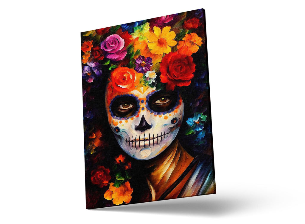 Sugar Skull Woman Canvas – Vibrant Day of the Dead Art | Floral Skull Print