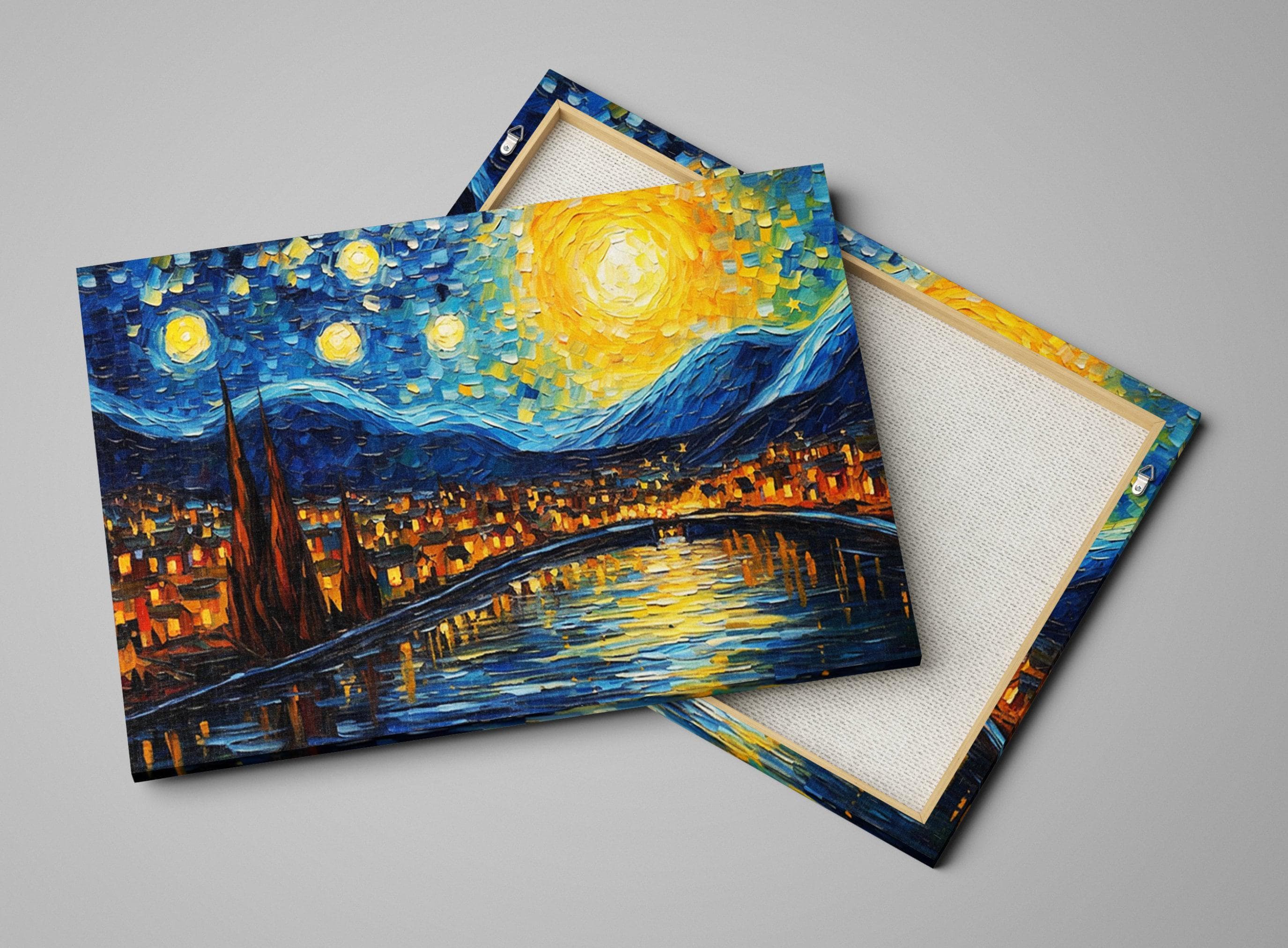 The image is a painting depicting a night scene with a bright sun and stars reflected on a body of water, surrounded by a cityscape.
