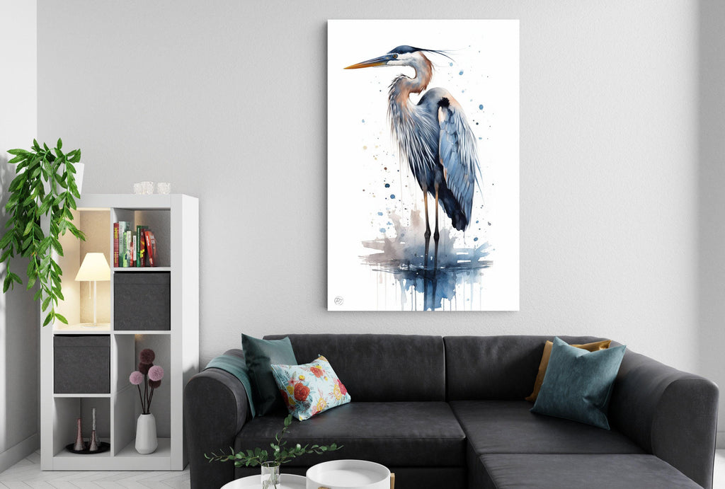 Tranquil Guardian: Blue Heron Watercolor Wall Art, Giclee Print on Canvas, Artist Paper, Watercolor Paper, Available in Extra Large Sizes