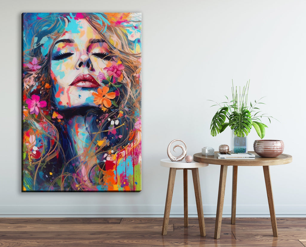 Woman Face Canvas - Large Floral Female Decor | Expressive Modern Art Print