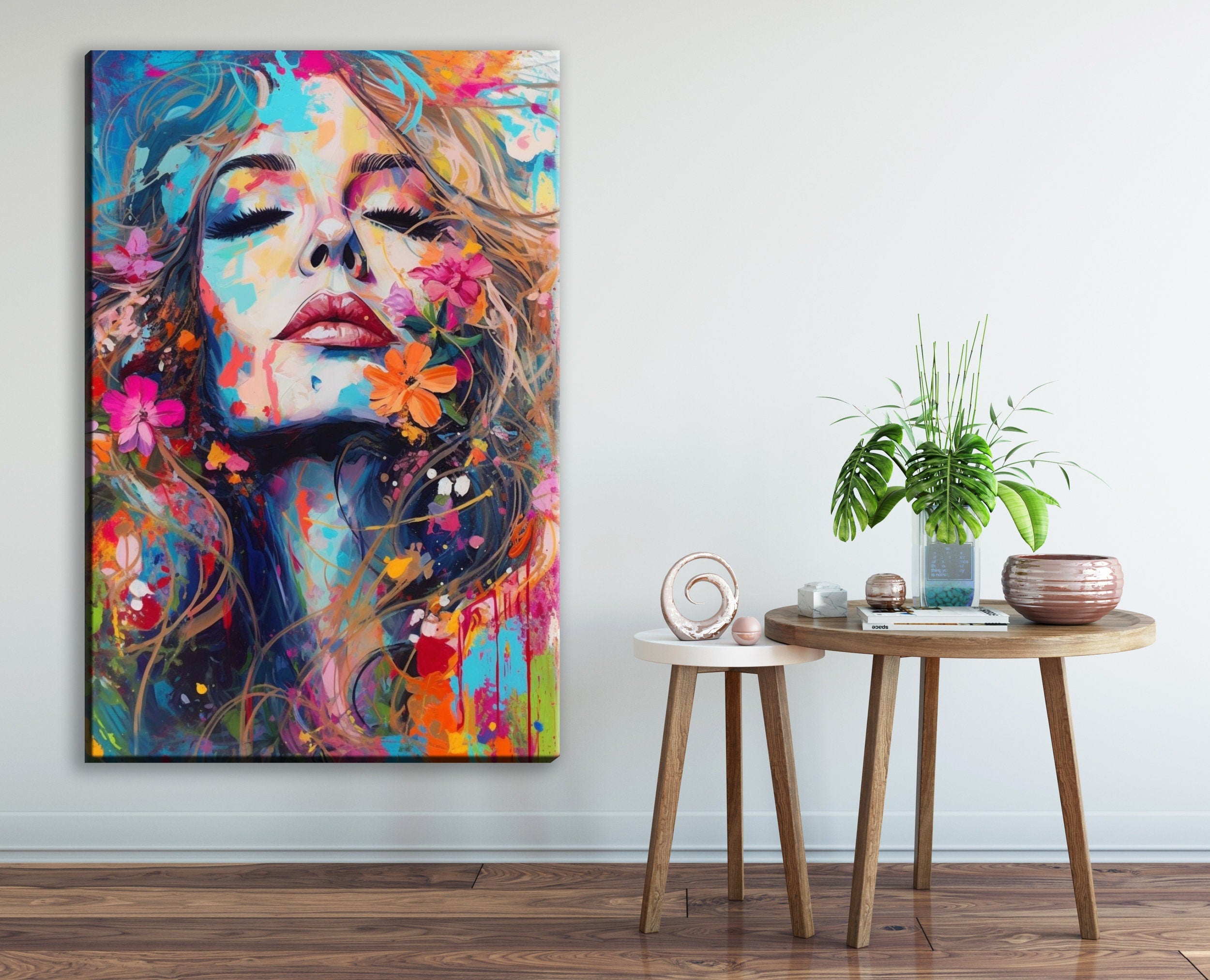 Woman Face Canvas - Large Floral Female Decor | Expressive Modern Art Print