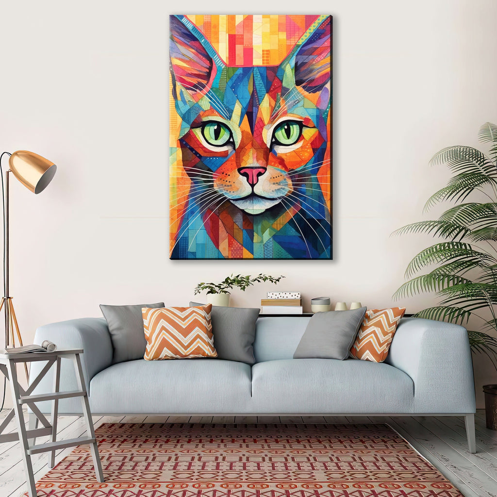Cat Canvas Wall Art - Large Colorful Cat Portrait with Abstract Pop Art Painting