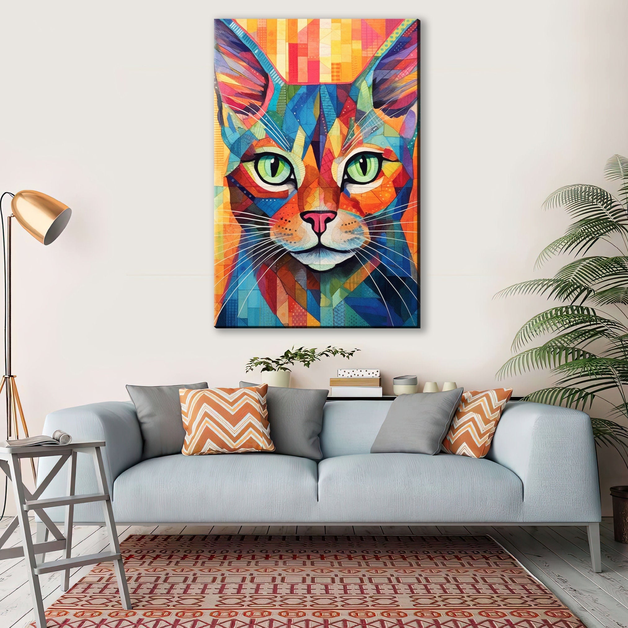 Cat Canvas Wall Art - Large Colorful Cat Portrait with Abstract Pop Art Painting