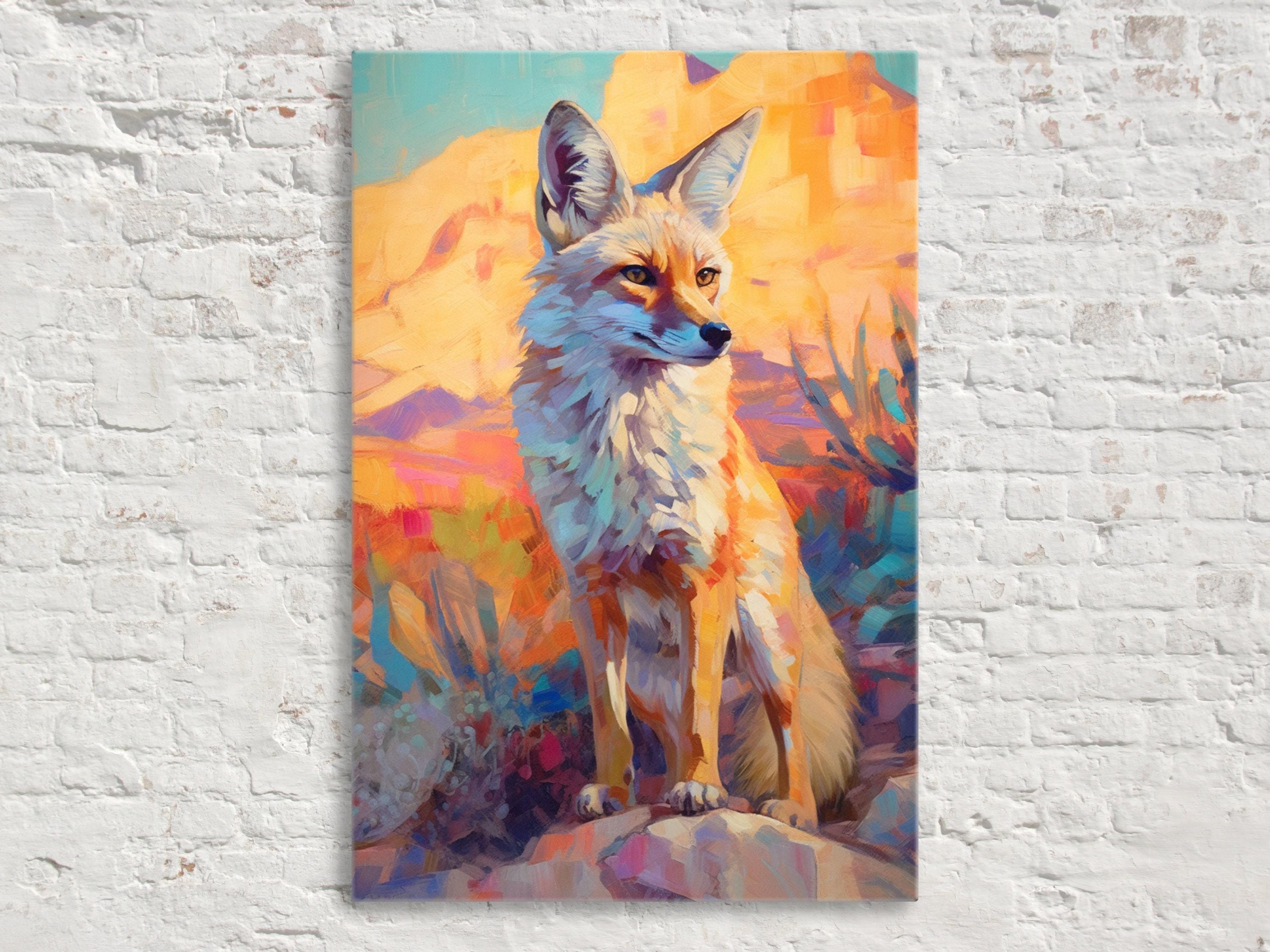 A painting of a fox sitting on a rock against a colorful background.