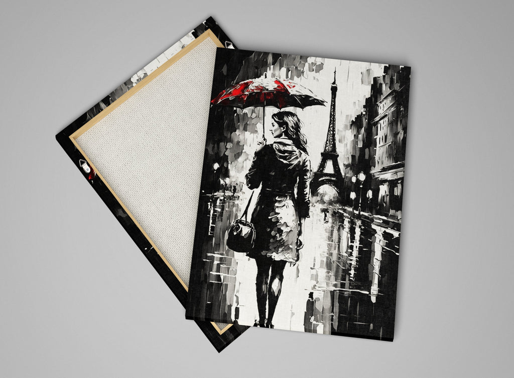 Parisian Cityscape Canvas – Monochrome Wall Art With Red Umbrella, Vintage Paris Print