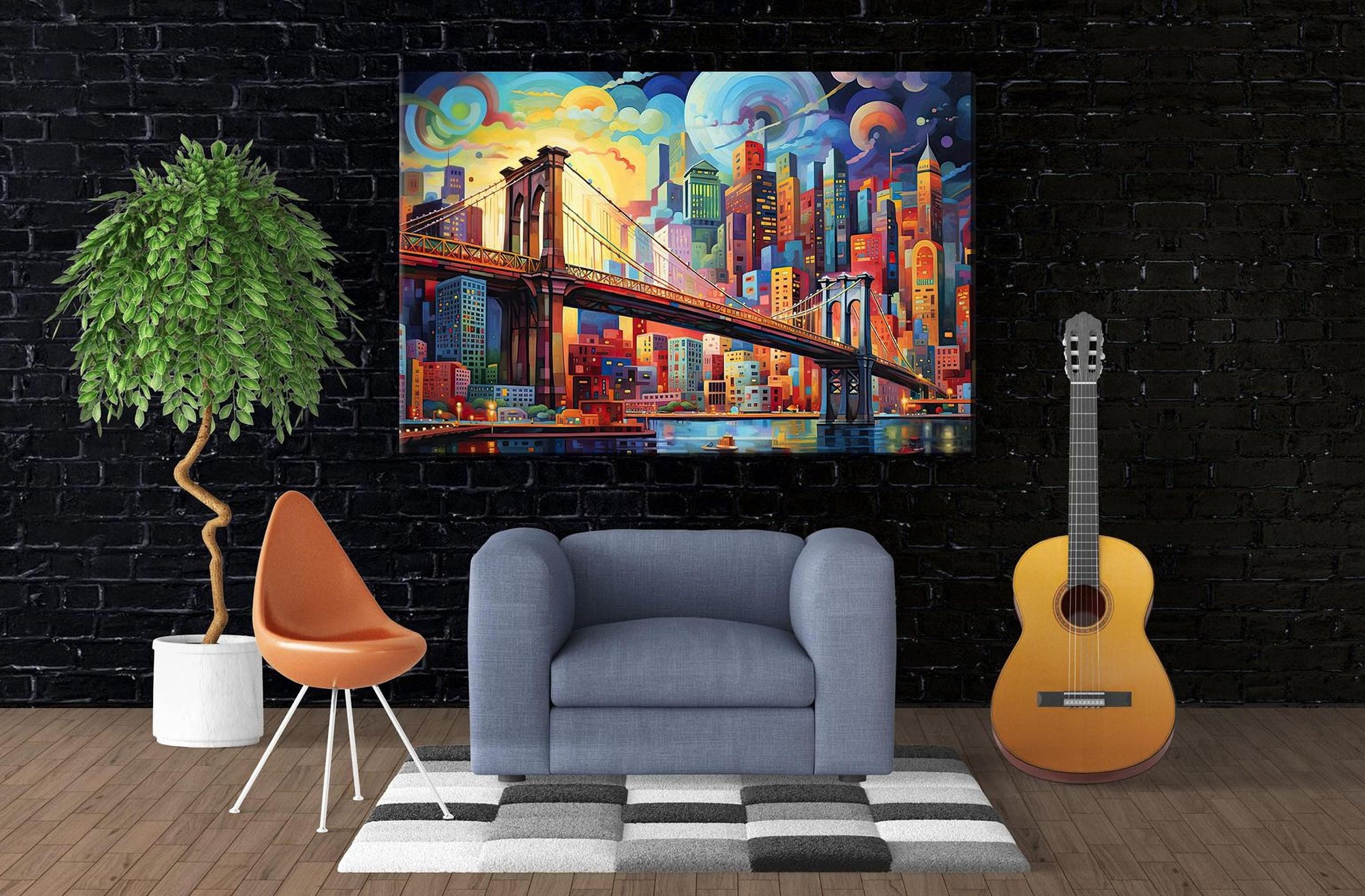 a modern living room with a large painting of a cityscape hanging on the wall, a guitar, a chair, and a potted plant.