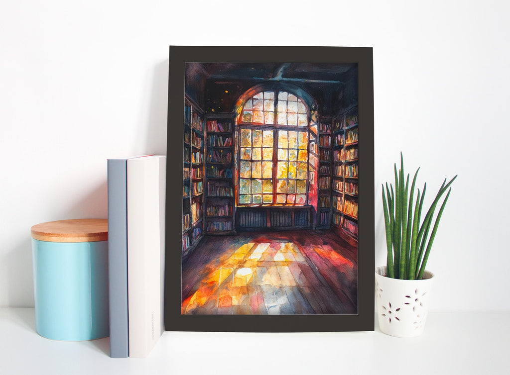 a painting of a library with a large window, bookshelves, and a warm, colorful atmosphere.