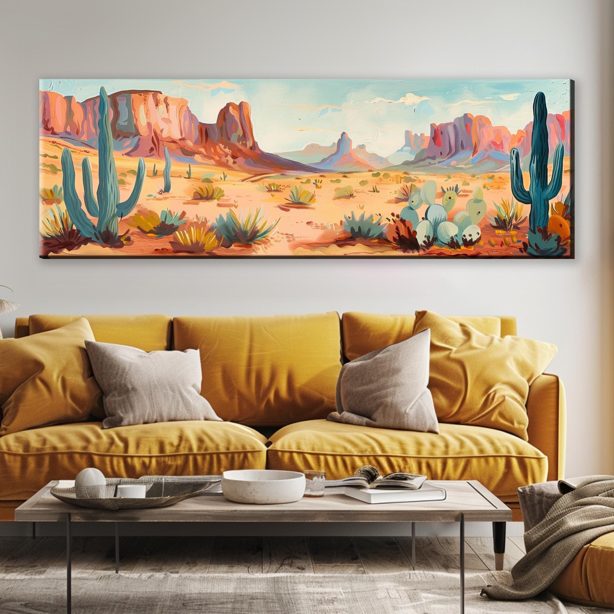 a living room with a couch and a painting on the wall